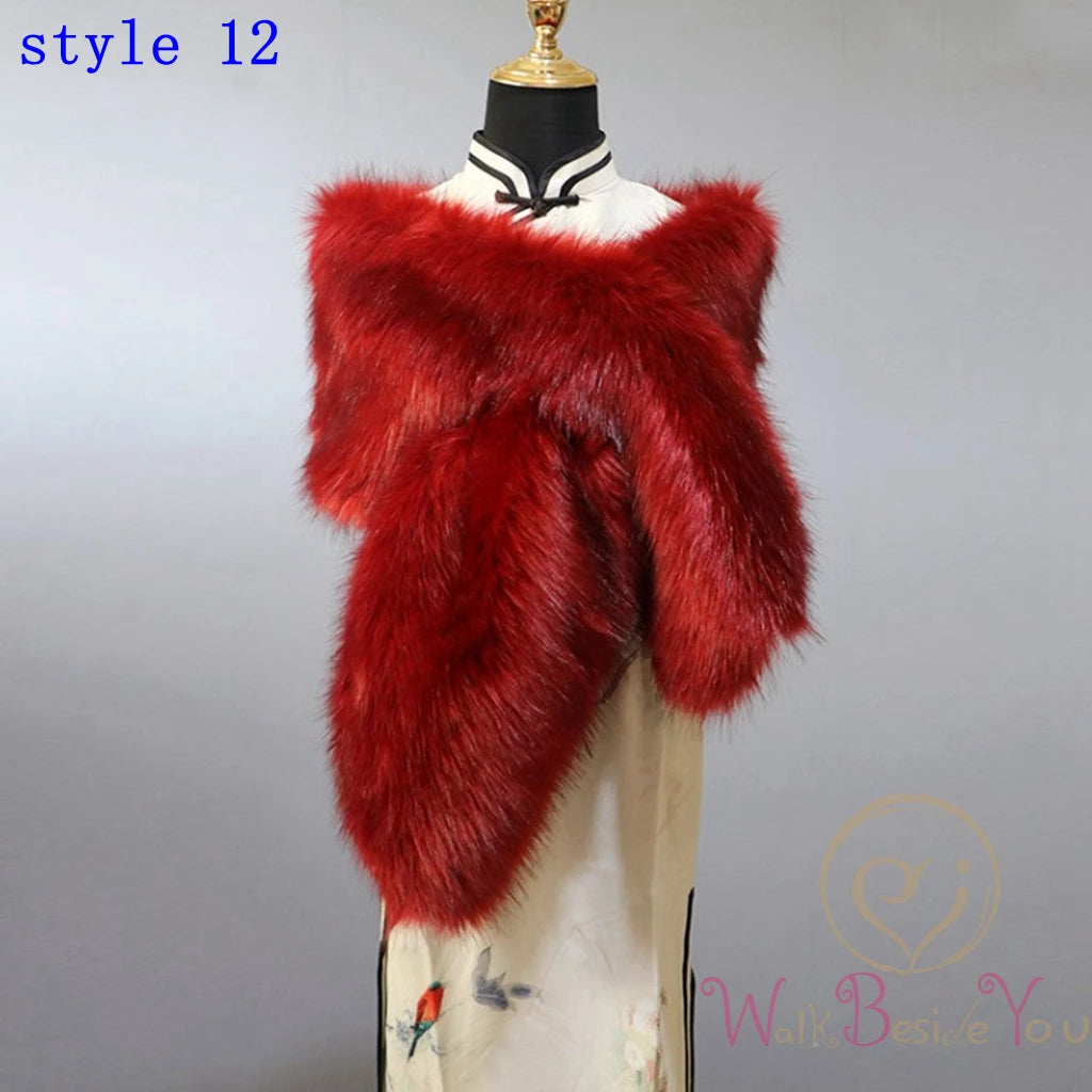 "Mannequin showcases elegant faux fur cape. Red