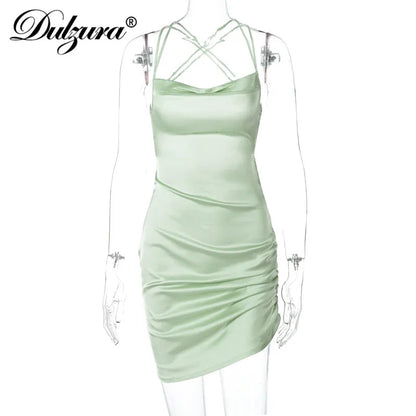 Satin Women Strap Mini Dress Ruched Lace Up Cross Bandage Backless Sexy Party Elegant 2023 Club Slim