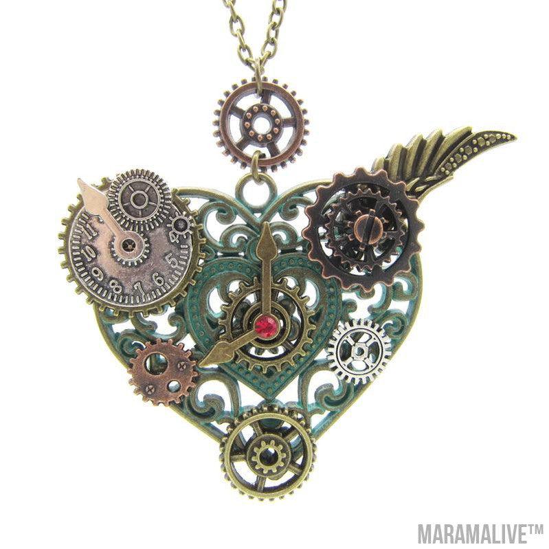 Heart Pendant with Various Gears Mechanical Steampunk Necklace