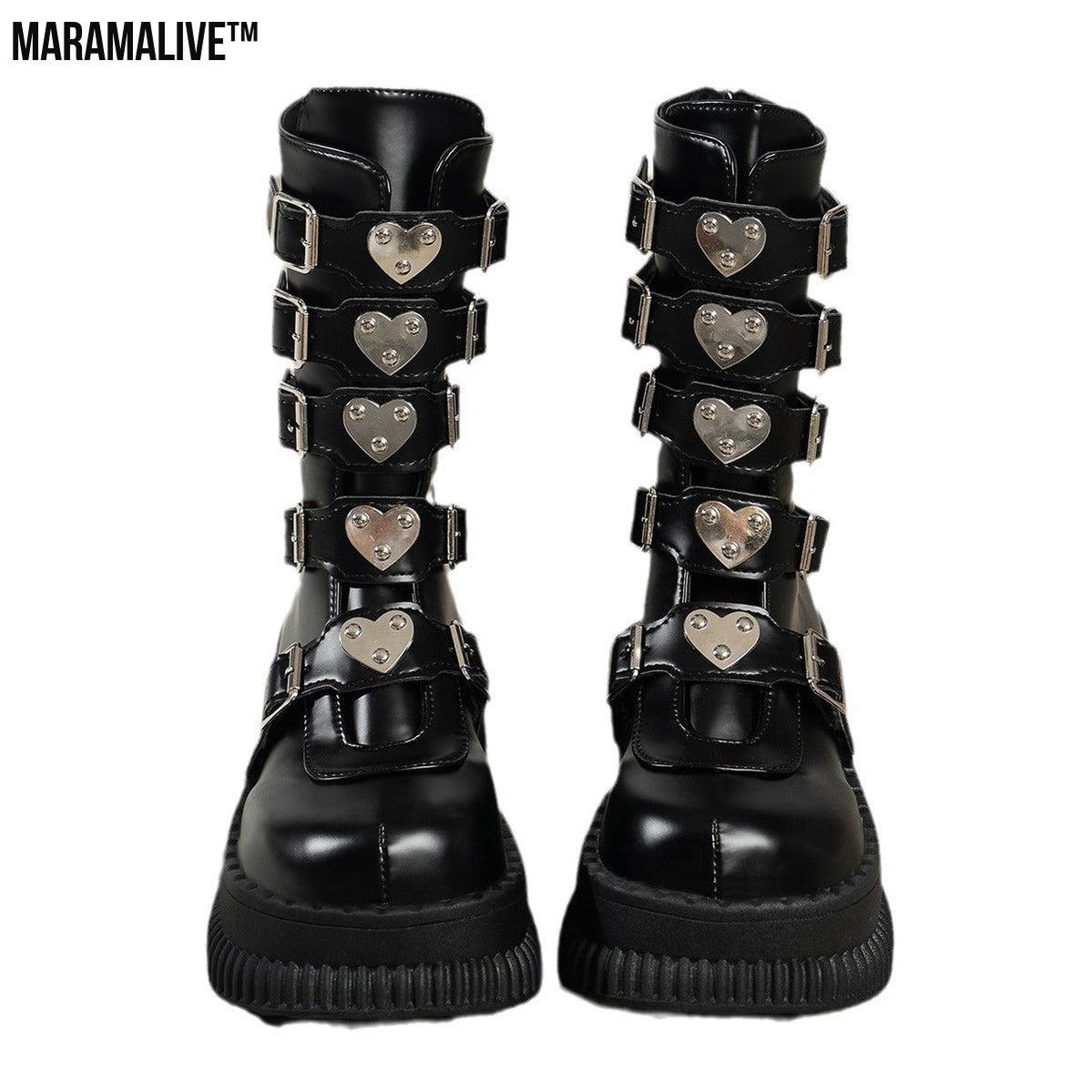 Heart Platform Shoes Dark Punk Mid-calf Boots Female