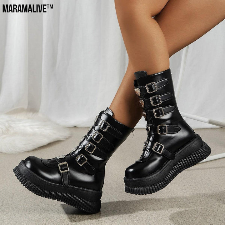 Heart Platform Shoes Dark Punk Mid-calf Boots Female