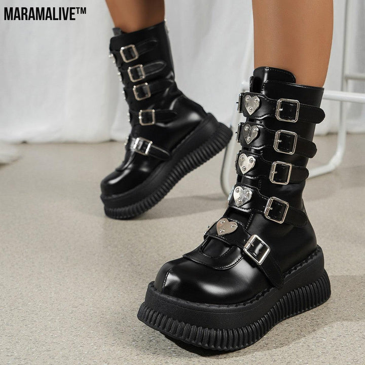 Heart Platform Shoes Dark Punk Mid-calf Boots Female