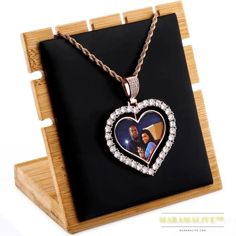 Heart Shaped Custom Photo Spin Double Sided Medallion Pendant Necklace With 4mm Tennis Chain Zircon Hip Hop Jewelry