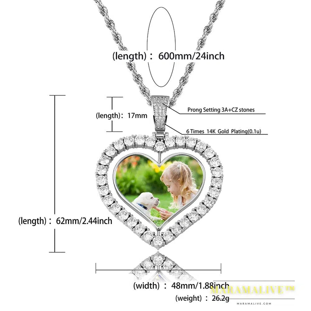 Heart Shaped Custom Photo Spin Double Sided Medallion Pendant Necklace With 4mm Tennis Chain Zircon Hip Hop Jewelry