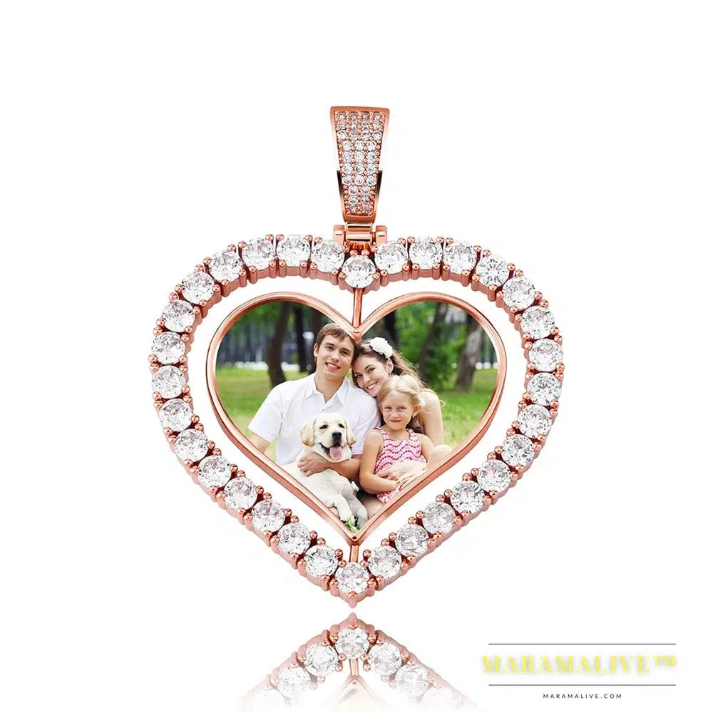 Heart Shaped Custom Photo Spin Double Sided Medallion Pendant Necklace With 4mm Tennis Chain Zircon Hip Hop Jewelry