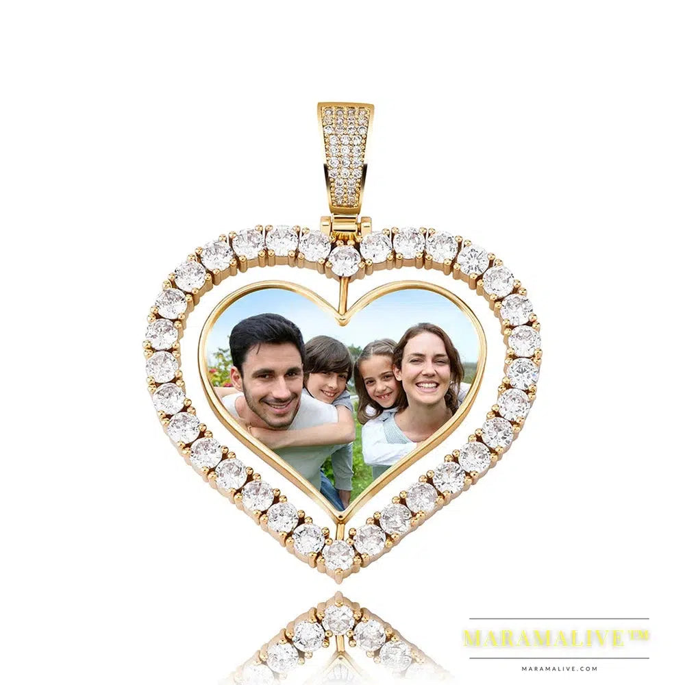 Heart Shaped Custom Photo Spin Double Sided Medallion Pendant Necklace With 4mm Tennis Chain Zircon Hip Hop Jewelry