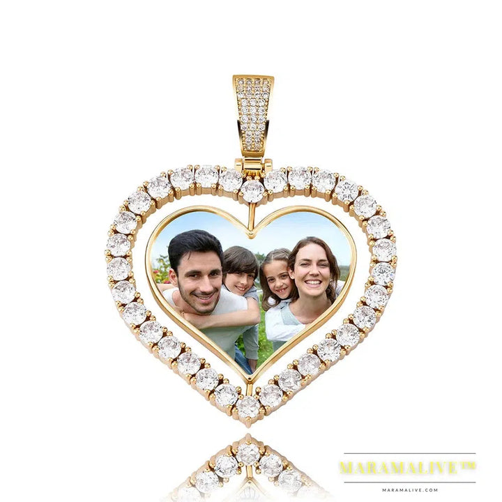 Heart Shaped Custom Photo Spin Double Sided Medallion Pendant Necklace With 4mm Tennis Chain Zircon Hip Hop Jewelry