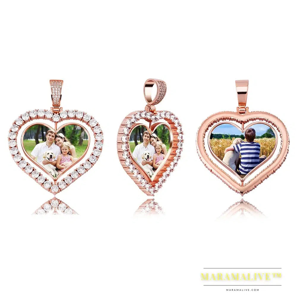 Heart Shaped Custom Photo Spin Double Sided Medallion Pendant Necklace With 4mm Tennis Chain Zircon Hip Hop Jewelry