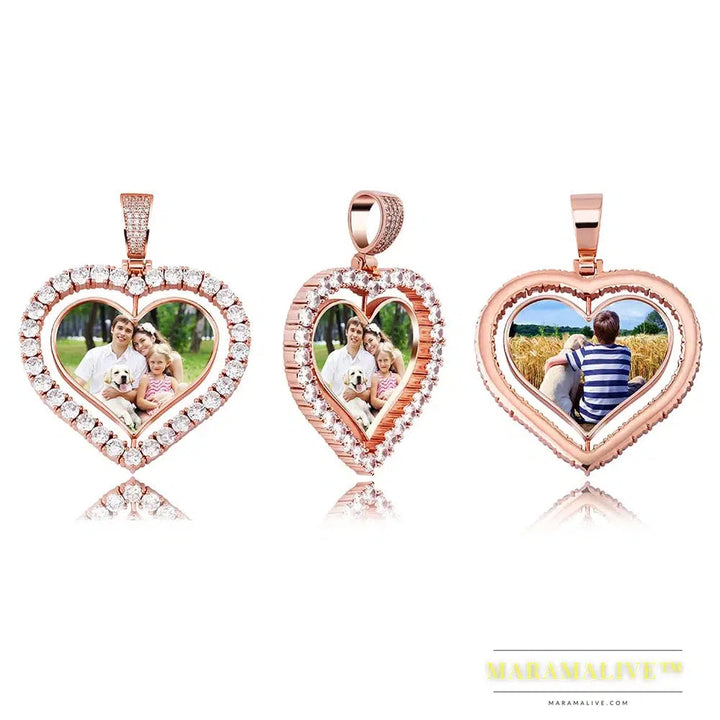 Heart Shaped Custom Photo Spin Double Sided Medallion Pendant Necklace With 4mm Tennis Chain Zircon Hip Hop Jewelry