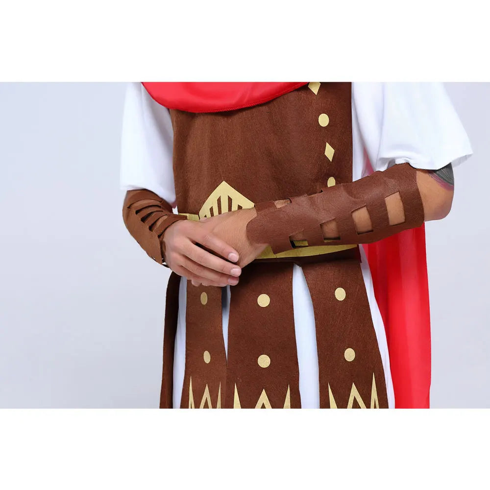 Person wearing a Maramalive™ Adult Men Greek Roman Warrior Gladiator Costume Knight Julius Caesar Costumes Halloween Carnival Mardi Gras Fancy Dress Umorden with brown and gold accents, including arm guards and a red cape, standing with arms crossed.