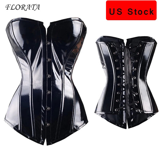 Sexy women PVC Overbust Corset Steampunk Lingerie Top-Goth Corset Sexy Leather Waist Trainer