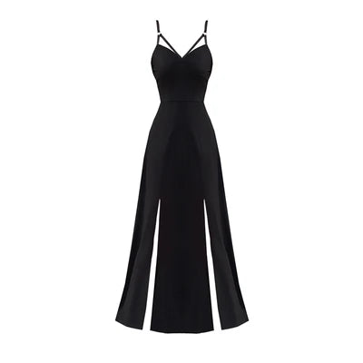 Punk Gothic Women Black Sexy Deep V-neck Dress Summer Elegant Fashion Dark Halter High Waist Split Dresses