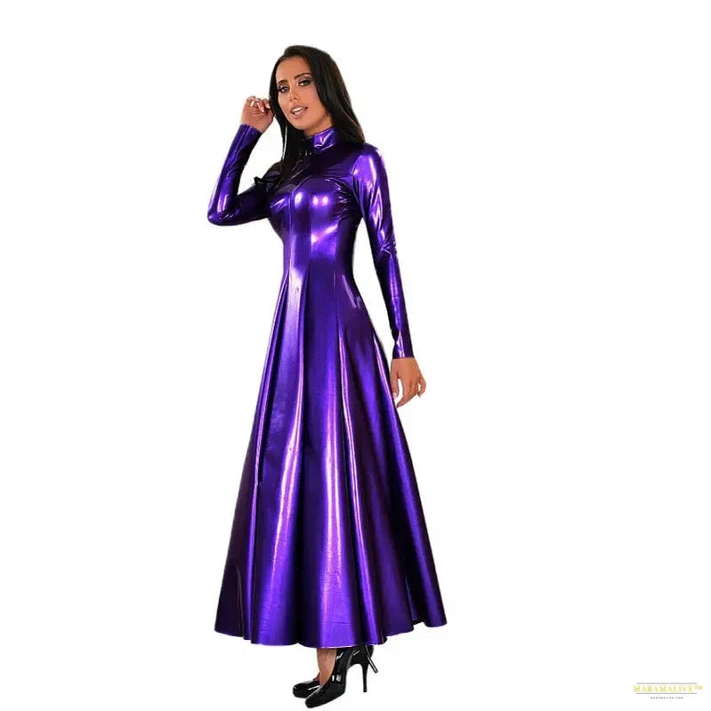 High Collar Faux Latex Maxi Dress Women Long Sleeve Shiny Patent Leather Dress Wet Look Floor Length Dress Party Clubwear Custom