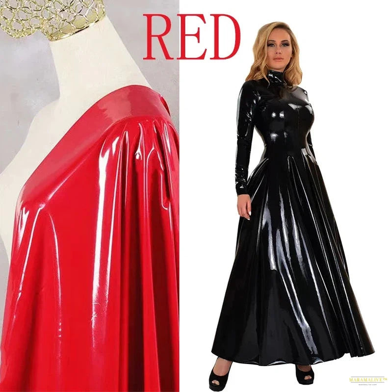 High Collar Faux Latex Maxi Dress Women Long Sleeve Shiny Patent Leather Dress Wet Look Floor Length Dress Party Clubwear Custom