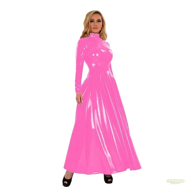 High Collar Faux Latex Maxi Dress Women Long Sleeve Shiny Patent Leather Dress Wet Look Floor Length Dress Party Clubwear Custom