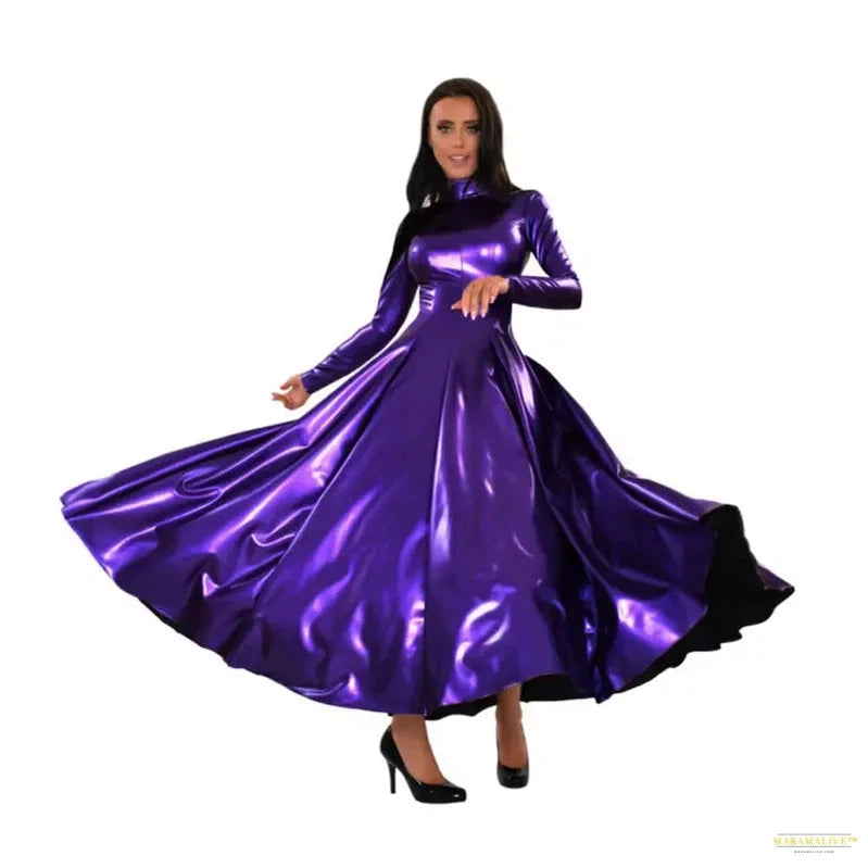 High Collar Faux Latex Maxi Dress Women Long Sleeve Shiny Patent Leather Dress Wet Look Floor Length Dress Party Clubwear Custom