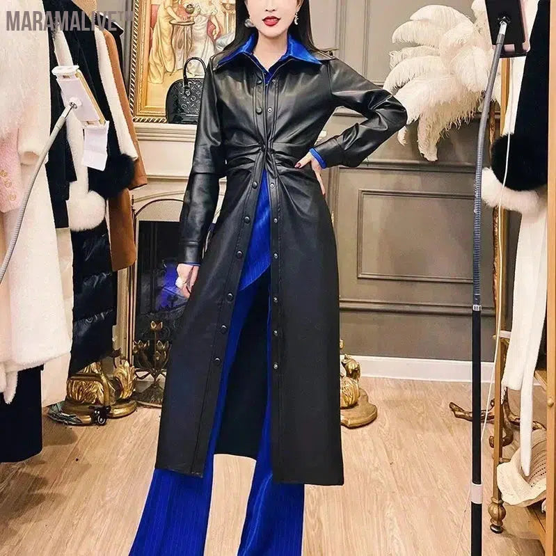 High Quality Plus Size 2024 Fall Winter New Fashion Women Flocking Long Sleeve Button Folds Pu Faux Leather Slim Black Dress