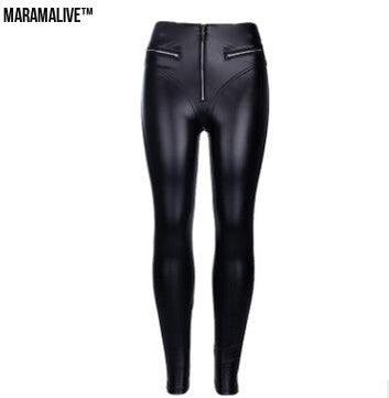 High Waist Gothic Black PU Leather Leggings Women Zipper Front Workout Jeggings