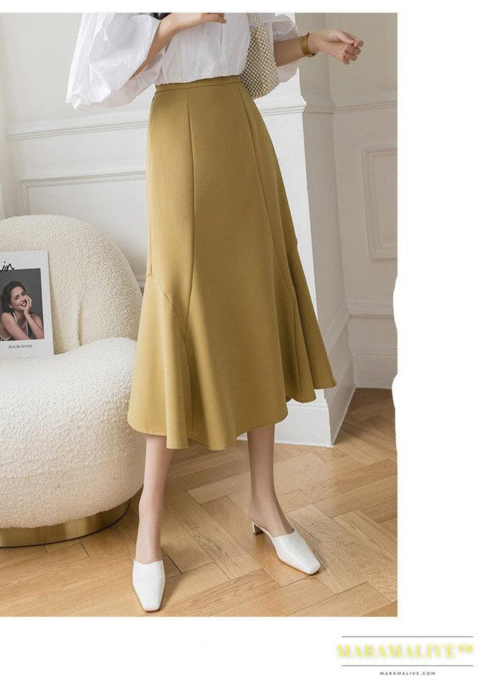 High Waist Skirt Irregular Over The Knee Mid-Length Skirt