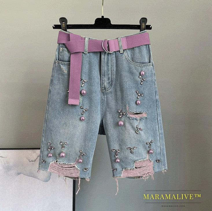 High Waisted Loose Fitting Slim Studded Denim Shorts