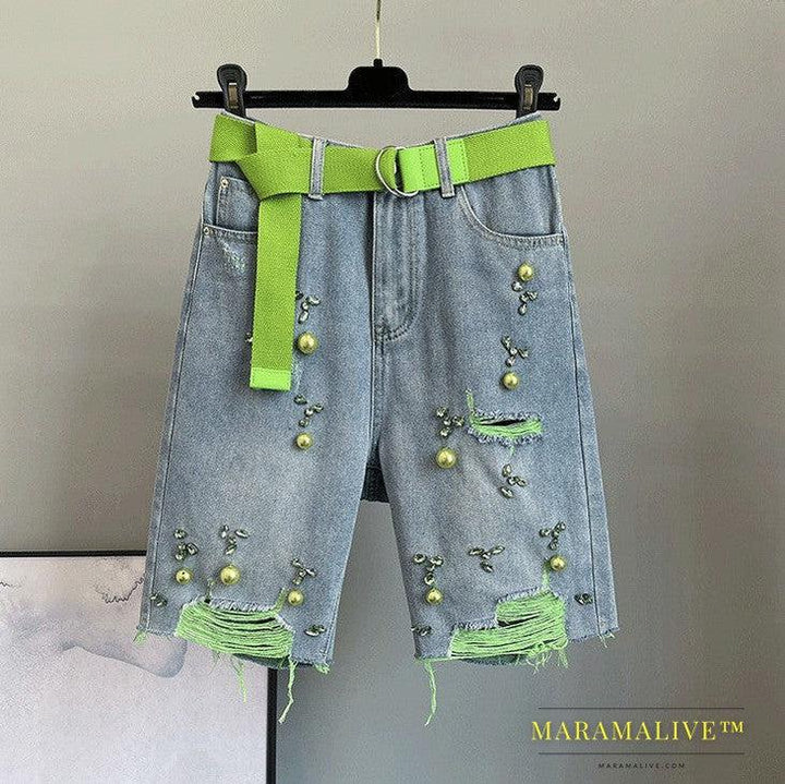 High Waisted Loose Fitting Slim Studded Denim Shorts