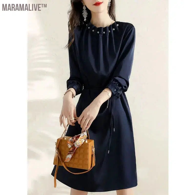 High-end Mid Length Long Sleeved Dress for Women's Spring Autumn New Loose Slimming Age Reducing Temperament Elegant Long Skirt