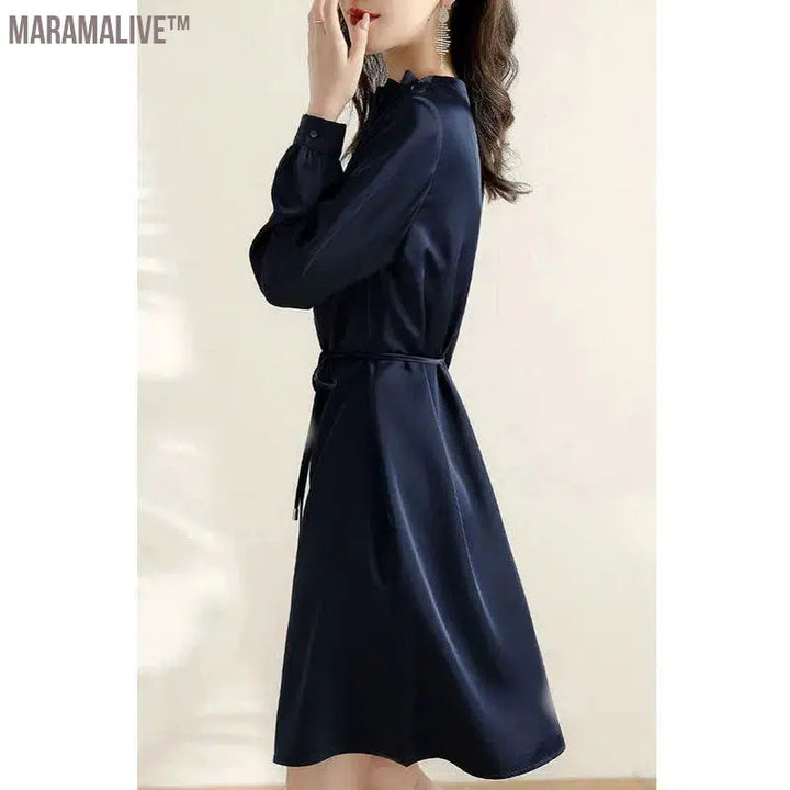 High-end Mid Length Long Sleeved Dress for Women's Spring Autumn New Loose Slimming Age Reducing Temperament Elegant Long Skirt