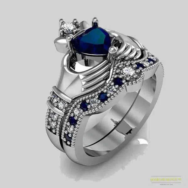 High quality accent blue cz BLUE heart cubic zirconia wedding promise ring set irish Claddagh 925 silver Ring