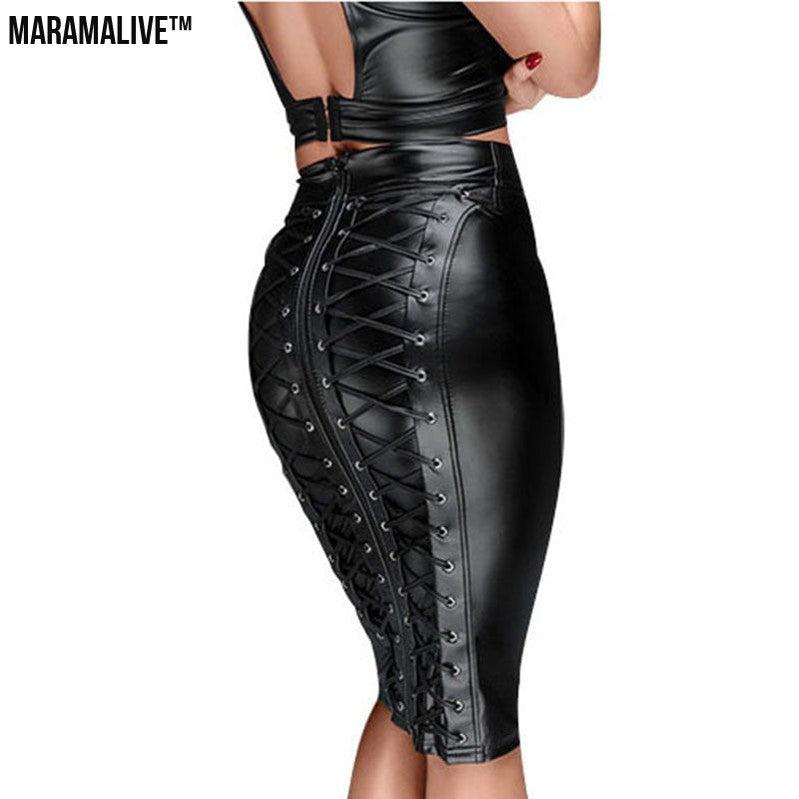 High-waisted PU patent leather hip skirt