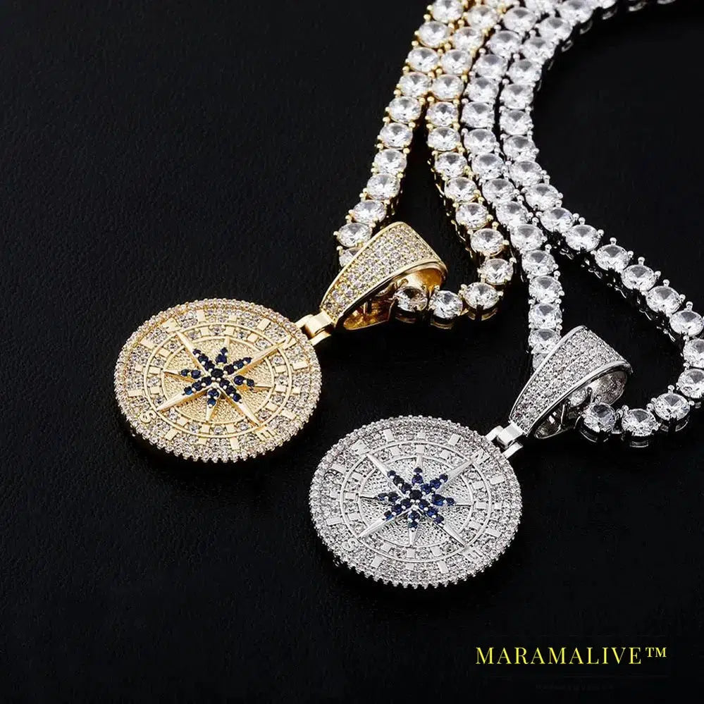 Hip Hop Compass Pendant Iced Out Cubic Zirconia Pendant With Tennis Chain Hip Hop Fashion Jewelry Gift For Men Women