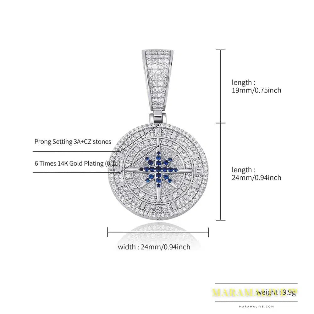 Hip Hop Compass Pendant Iced Out Cubic Zirconia Pendant With Tennis Chain Hip Hop Fashion Jewelry Gift For Men Women