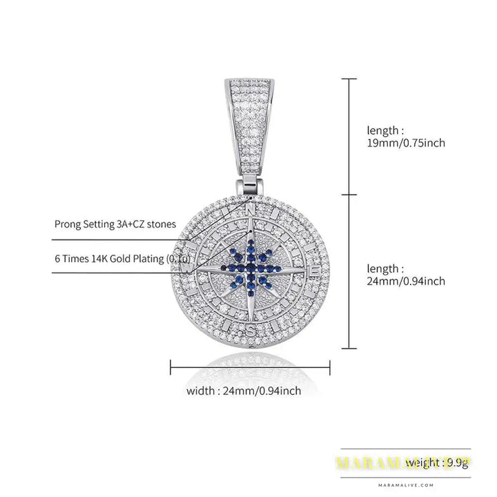 Hip Hop Compass Pendant Iced Out Cubic Zirconia Pendant With Tennis Chain Hip Hop Fashion Jewelry Gift For Men Women