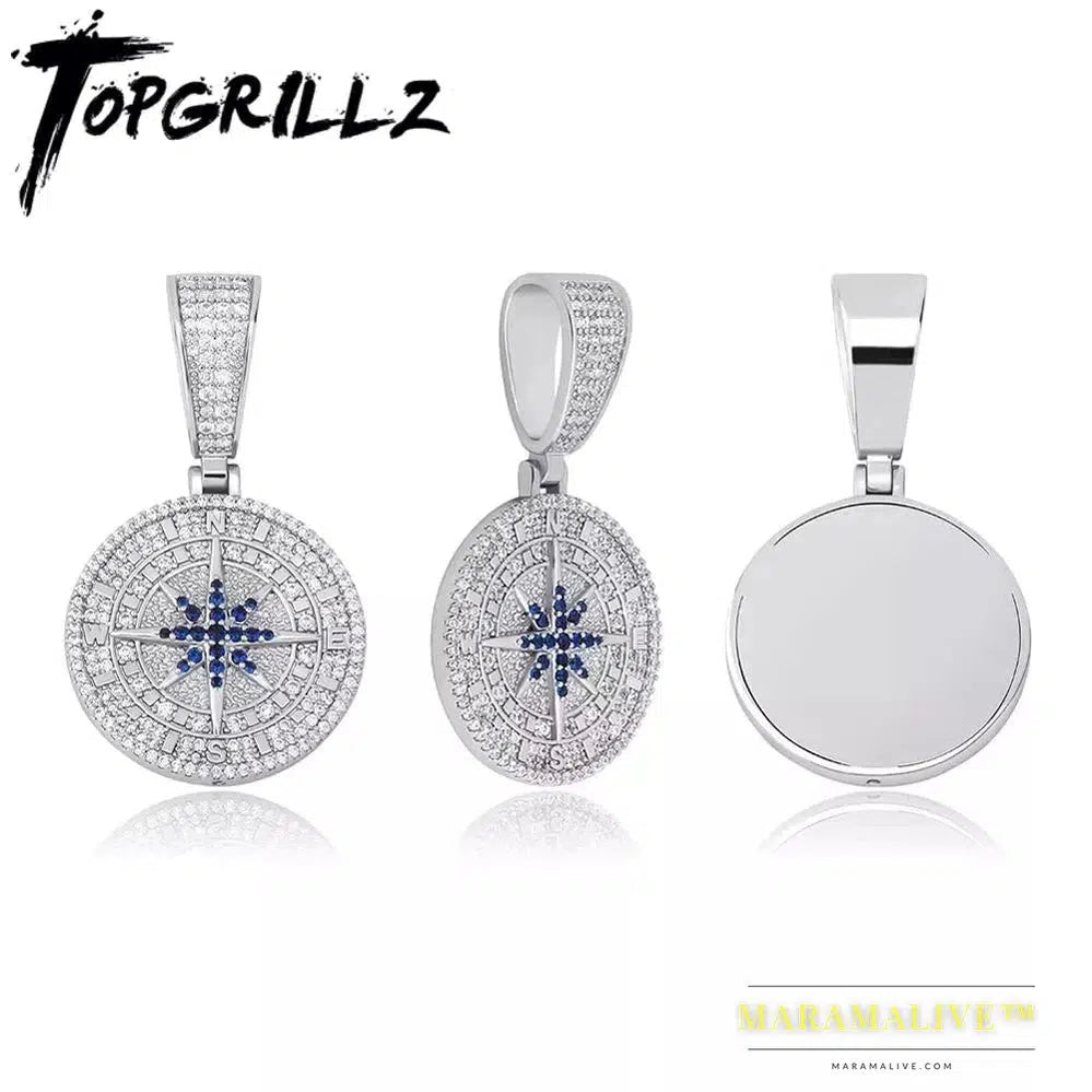 Hip Hop Compass Pendant Iced Out Cubic Zirconia Pendant With Tennis Chain Hip Hop Fashion Jewelry Gift For Men Women