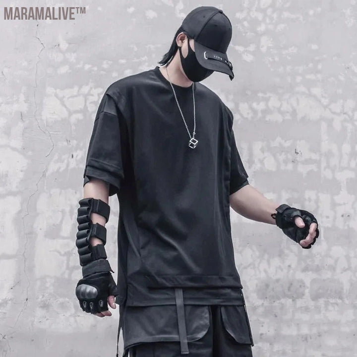 Hip Hop Dark T-Shirt Men 2023 Summer Fake two Pieces Ribbon Design Streetwear Tshirts Cotton Tops Tees Techwear Black