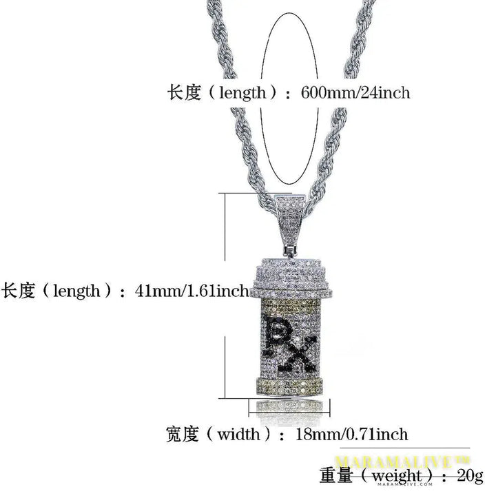 Hip Hop Detachable Medicine Bottle Pendant Necklace Men's Jewelry Gold Silver Color Cubic Zircon Necklaces Gifts