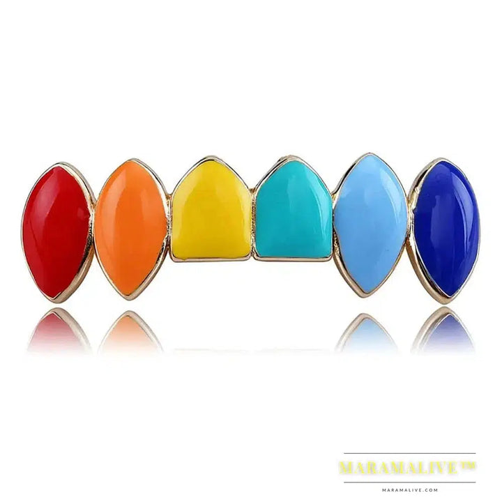 Hip Hop Gold Rainbow Teeth Grillz Top&Bottom Colorful Grills Dental Halloween Vampire Teeth