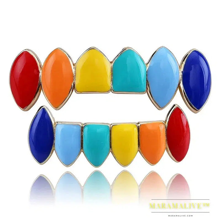 Hip Hop Gold Rainbow Teeth Grillz Top&Bottom Colorful Grills Dental Halloween Vampire Teeth