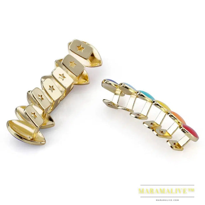 Hip Hop Gold Rainbow Teeth Grillz Top&Bottom Colorful Grills Dental Halloween Vampire Teeth