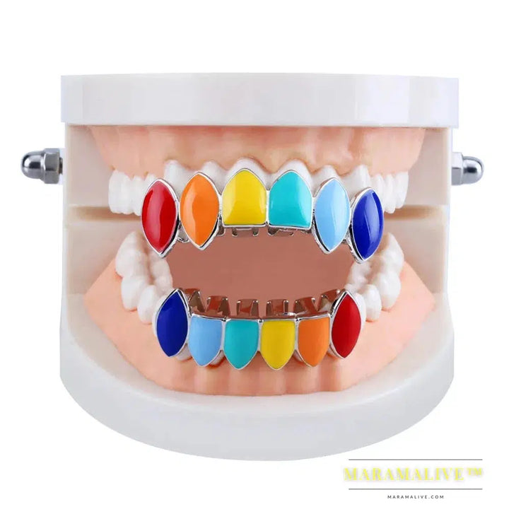 Hip Hop Gold Rainbow Teeth Grillz Top&Bottom Colorful Grills Dental Halloween Vampire Teeth