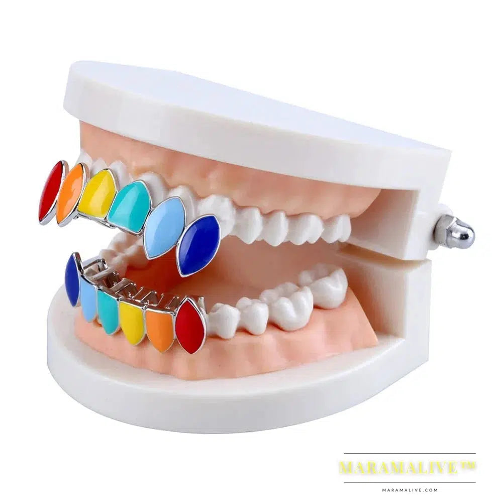 Hip Hop Gold Rainbow Teeth Grillz Top&Bottom Colorful Grills Dental Halloween Vampire Teeth