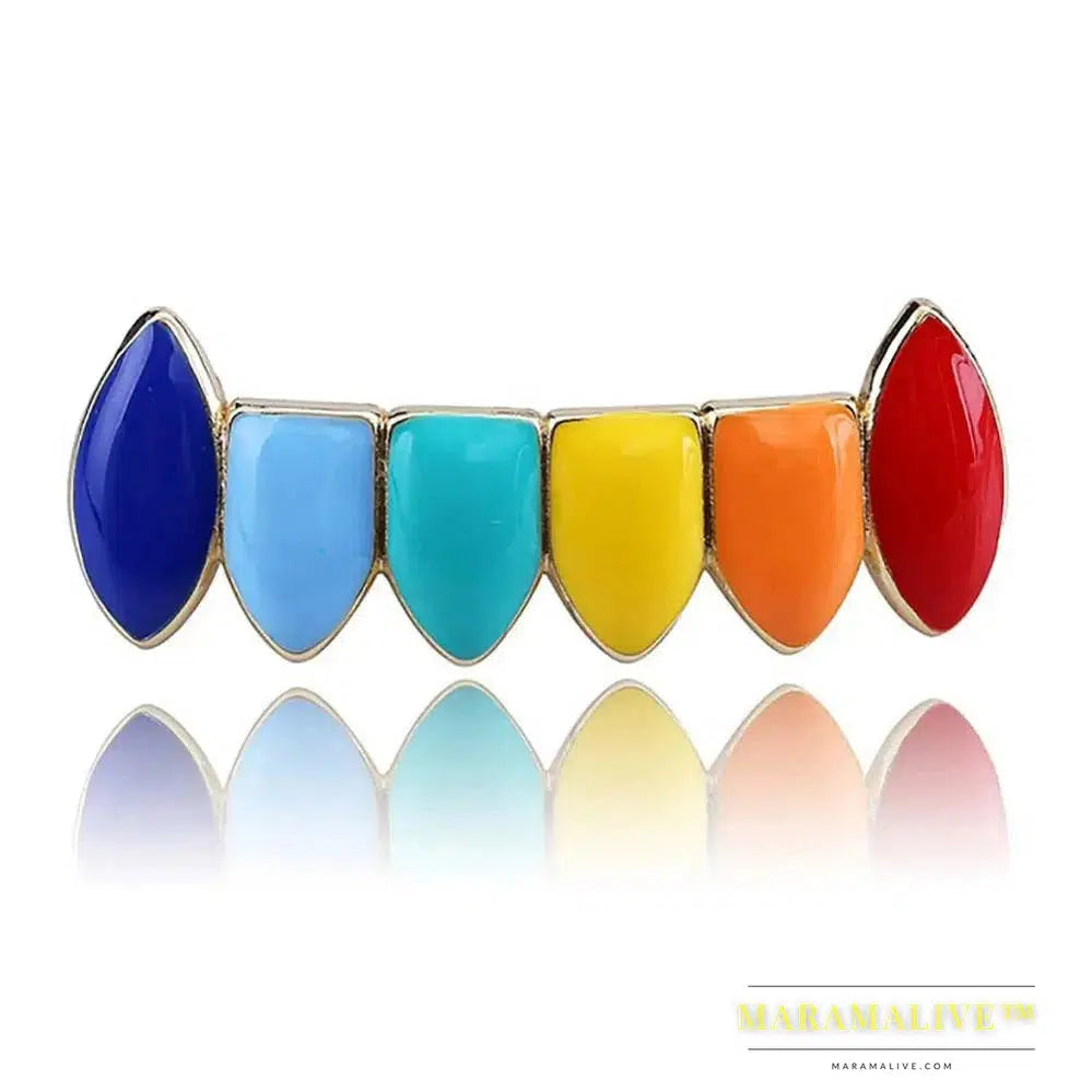 Hip Hop Gold Rainbow Teeth Grillz Top&Bottom Colorful Grills Dental Halloween Vampire Teeth