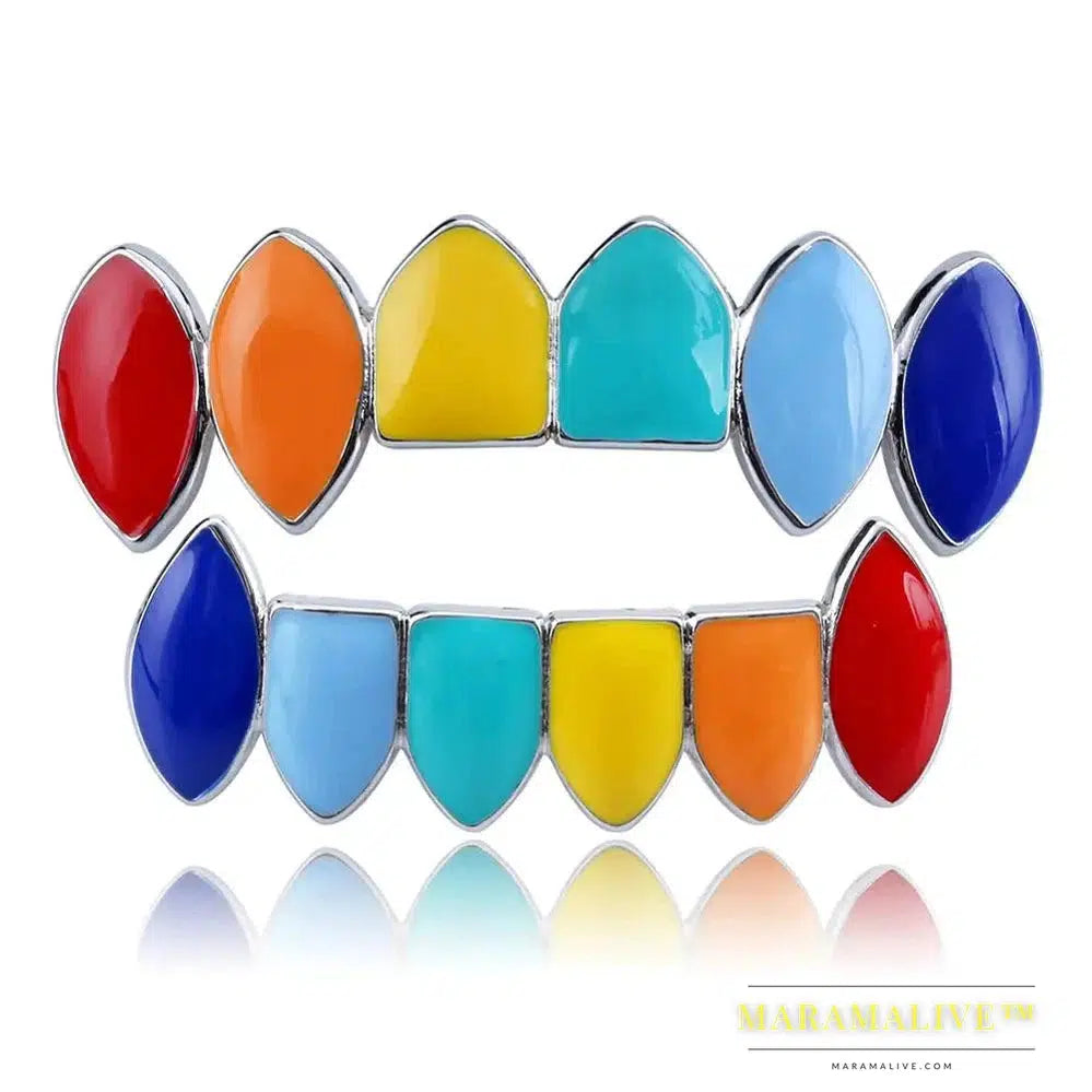 Hip Hop Gold Rainbow Teeth Grillz Top&Bottom Colorful Grills Dental Halloween Vampire Teeth