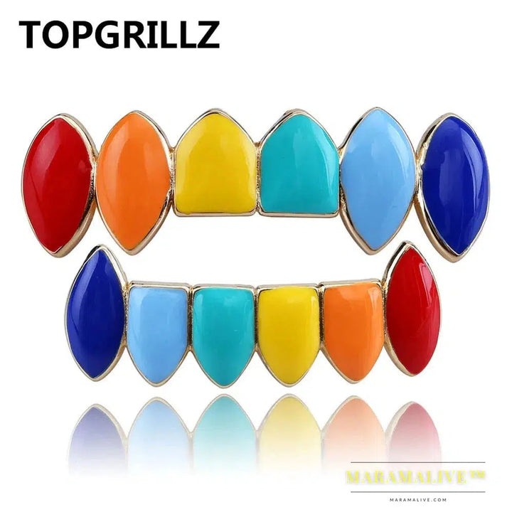 Hip Hop Gold Rainbow Teeth Grillz Top&Bottom Colorful Grills Dental Halloween Vampire Teeth