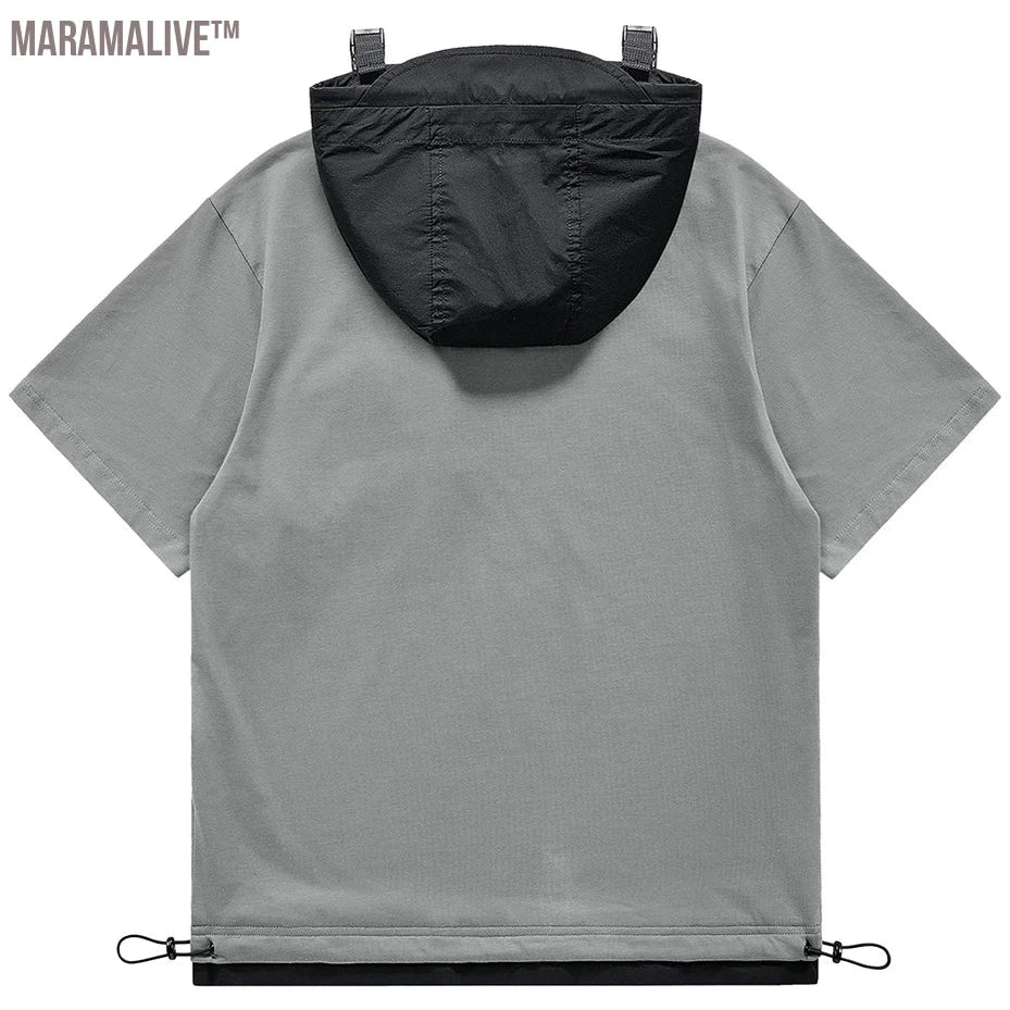 Hip Hop Hooded T Shirt Techwear Oversized Harajuku T-shirts Men's Streetwear Hip Hop Tshirt Summer Fashion Top Tee Zipper Pocket