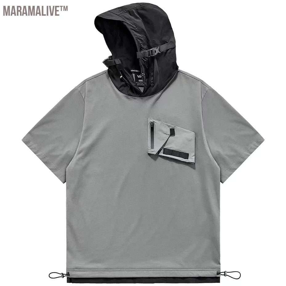 Hip Hop Hooded T Shirt Techwear Oversized Harajuku T-shirts Men's Streetwear Hip Hop Tshirt Summer Fashion Top Tee Zipper Pocket