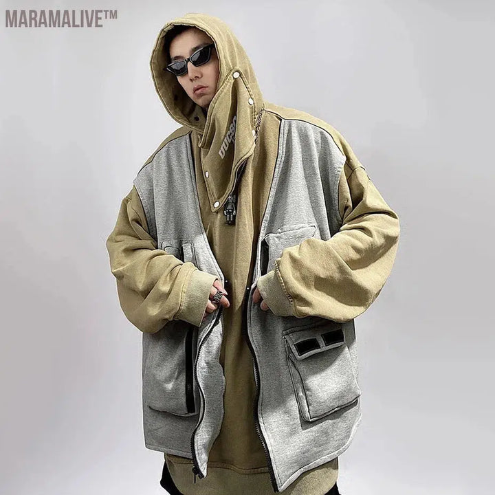 Hip Hop Hoodies Cargo Vest Fake Two Piece Oversized Harajuku Hoodie Fashion Function Techwear Sweatshirts Man's Streetwear