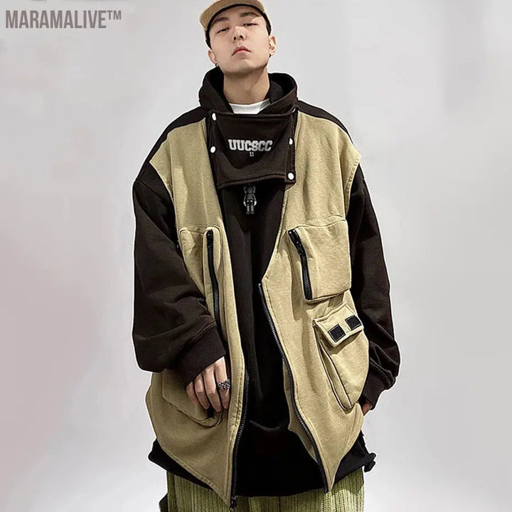 Hip Hop Hoodies Cargo Vest Fake Two Piece Oversized Harajuku Hoodie Fashion Function Techwear Sweatshirts Man's Streetwear