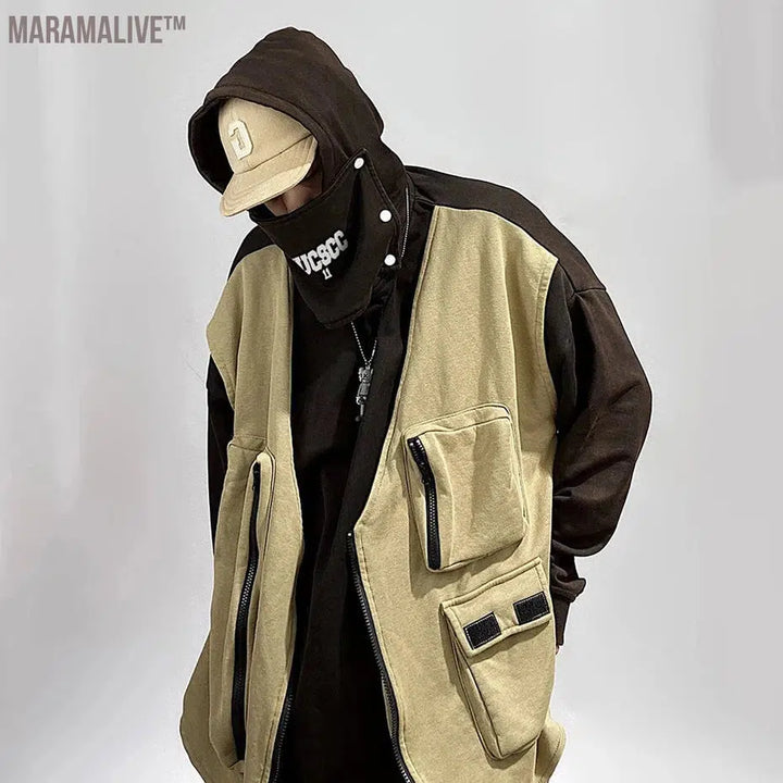 Hip Hop Hoodies Cargo Vest Fake Two Piece Oversized Harajuku Hoodie Fashion Function Techwear Sweatshirts Man's Streetwear