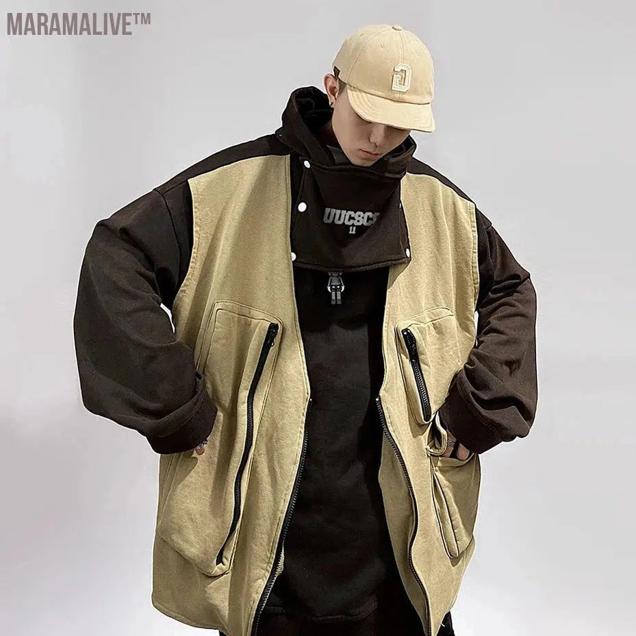 Hip Hop Hoodies Cargo Vest Fake Two Piece Oversized Harajuku Hoodie Fashion Function Techwear Sweatshirts Man's Streetwear