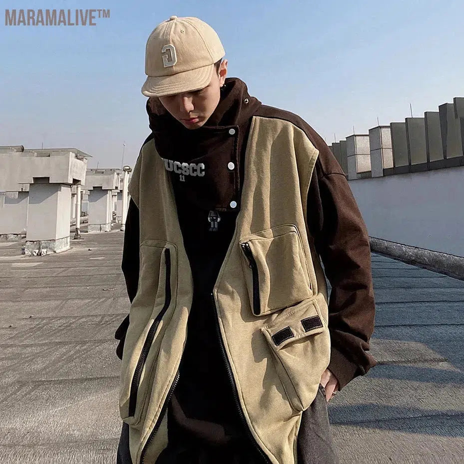 Hip Hop Hoodies Cargo Vest Fake Two Piece Oversized Harajuku Hoodie Fashion Function Techwear Sweatshirts Man's Streetwear